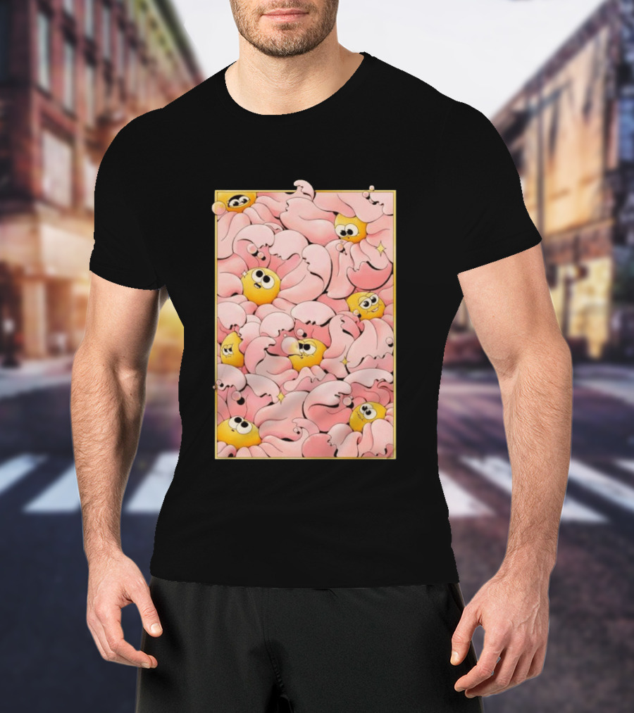 Many Yellow Round Characters With Large Eyes In Pink Flowing Cascades T-Shirt