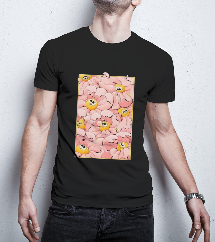 Many Yellow Round Characters With Large Eyes In Pink Flowing Cascades T-Shirt