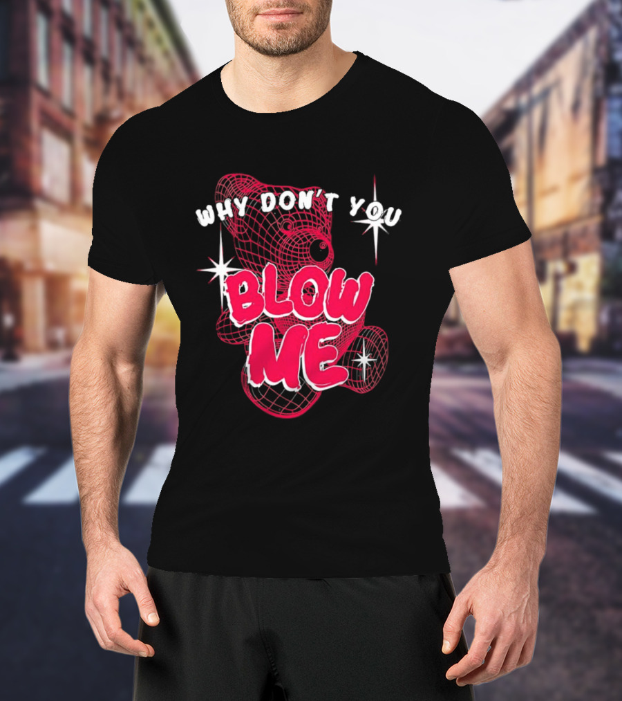 Why Don't You Blow Me Pink Wireframe Teddy Bear Bold Red Text Sparkling Star Accents T-Shirt