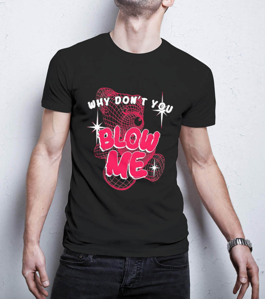 Why Don't You Blow Me Pink Wireframe Teddy Bear Bold Red Text Sparkling Star Accents T-Shirt