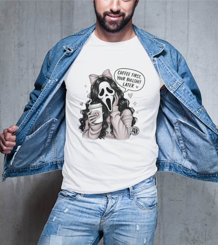 Ghostface Scream Coffee First Your Bullshit Later Horror Movie Bow Hearts T-Shirt