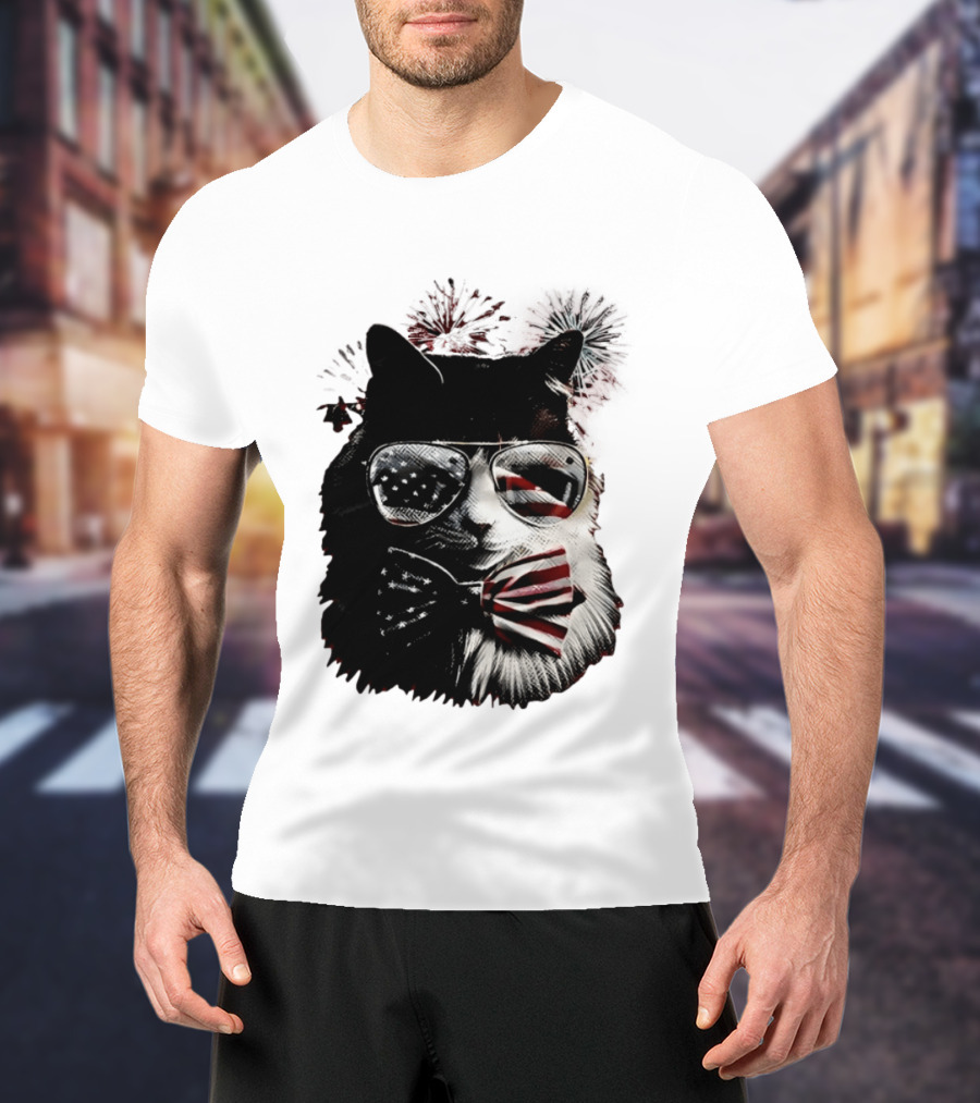 American Flag Cat Sunglasses And Bowtie Fireworks Independence Day T-Shirt
