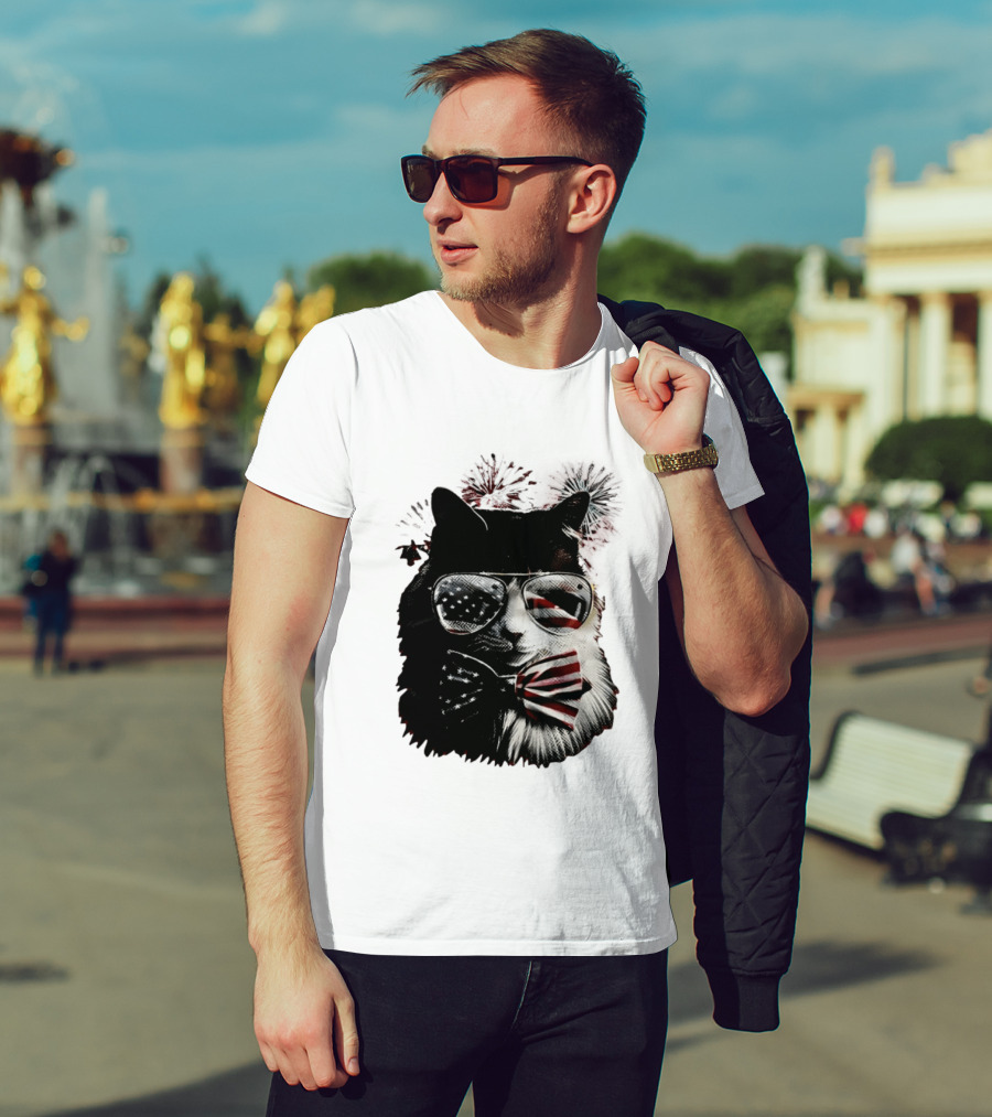 American Flag Cat Sunglasses And Bowtie Fireworks Independence Day T-Shirt