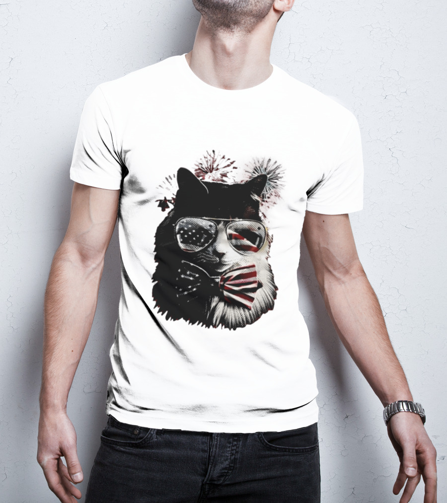 American Flag Cat Sunglasses And Bowtie Fireworks Independence Day T-Shirt