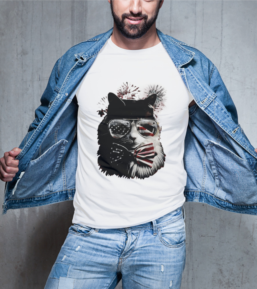 American Flag Cat Sunglasses And Bowtie Fireworks Independence Day T-Shirt