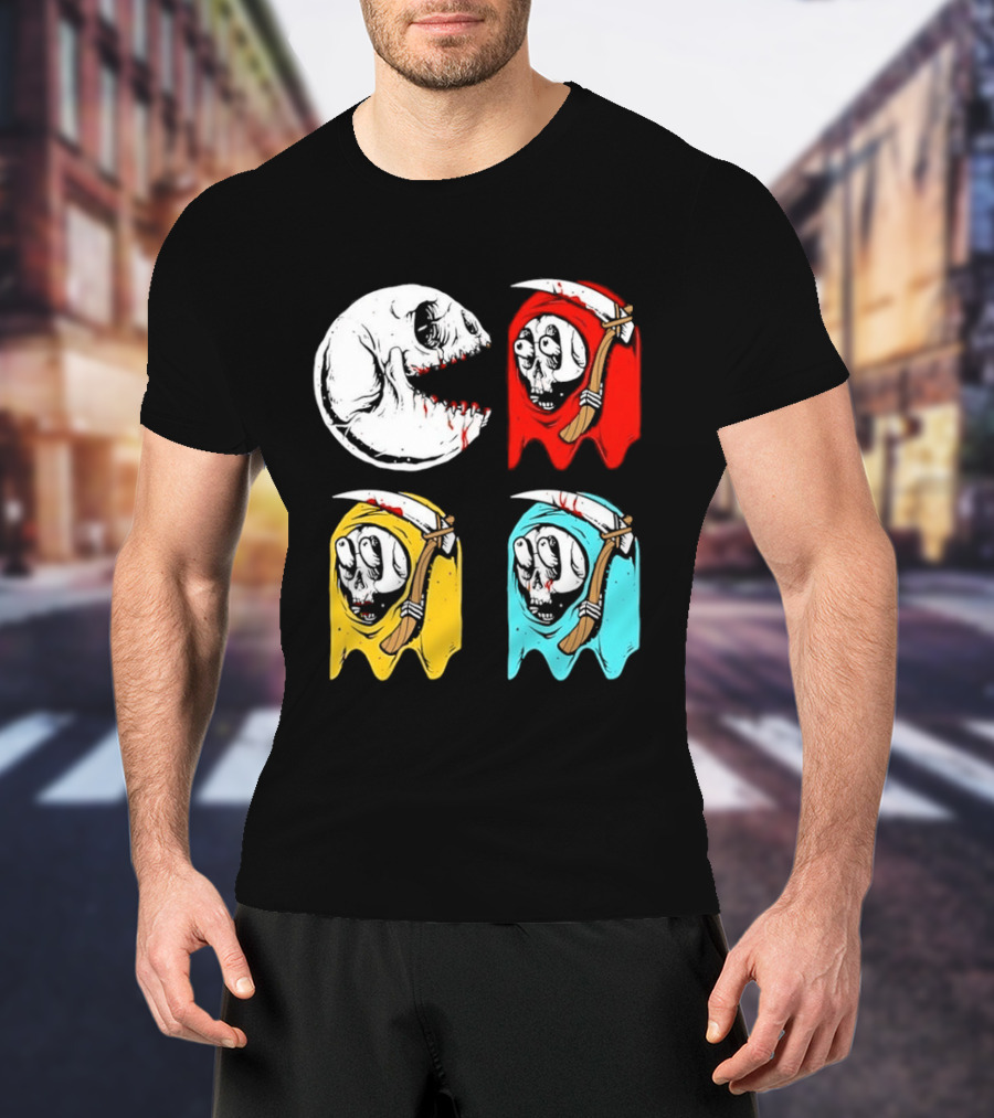 Pac Man Skeleton Skull Ghost Grim Reaper Red Yellow Blue T-Shirt