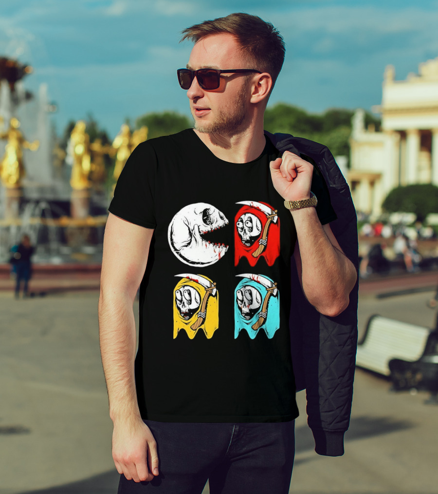 Pac Man Skeleton Skull Ghost Grim Reaper Red Yellow Blue T-Shirt