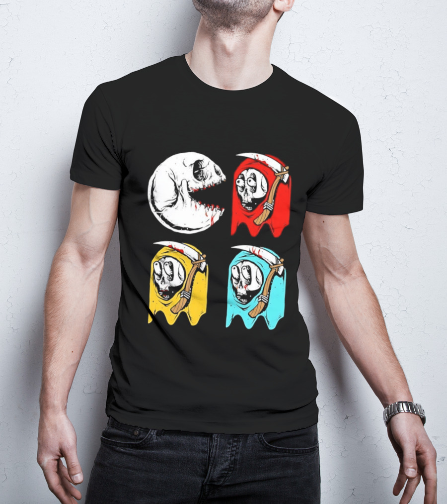 Pac Man Skeleton Skull Ghost Grim Reaper Red Yellow Blue T-Shirt