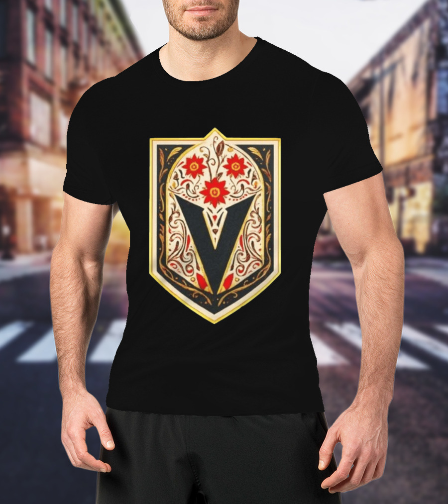 Vegas Golden Knights Dia De Los Muertos Floral Shield T-Shirt