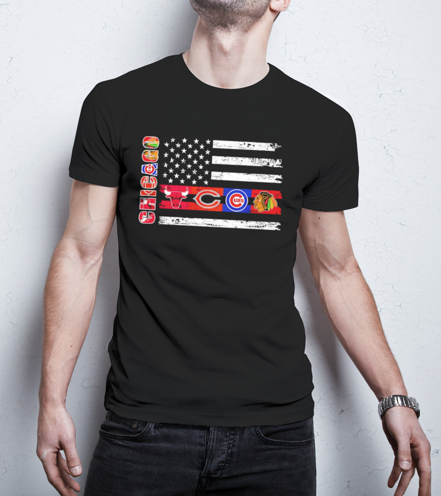 Chicago Bulls Bears Cubs Blackhawks American Flag T-Shirt