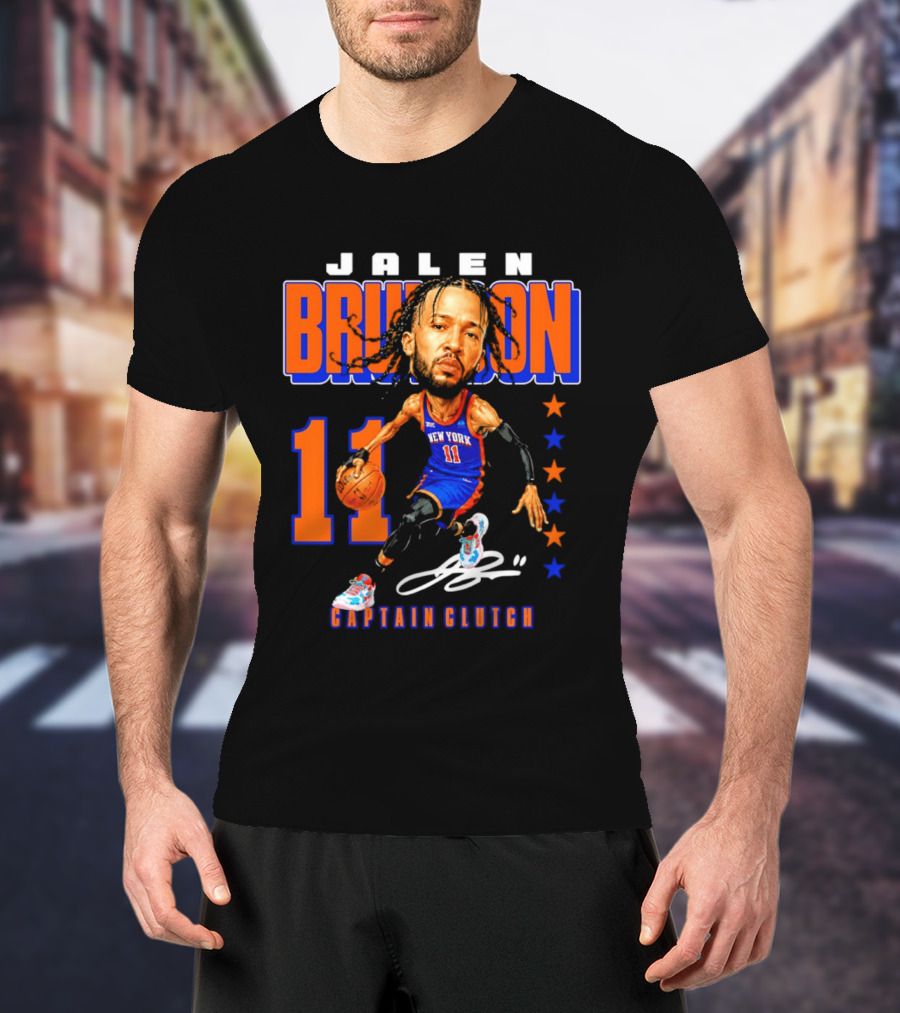 Jalen Brunson New York 11 Captain Clutch Caricature T-Shirt
