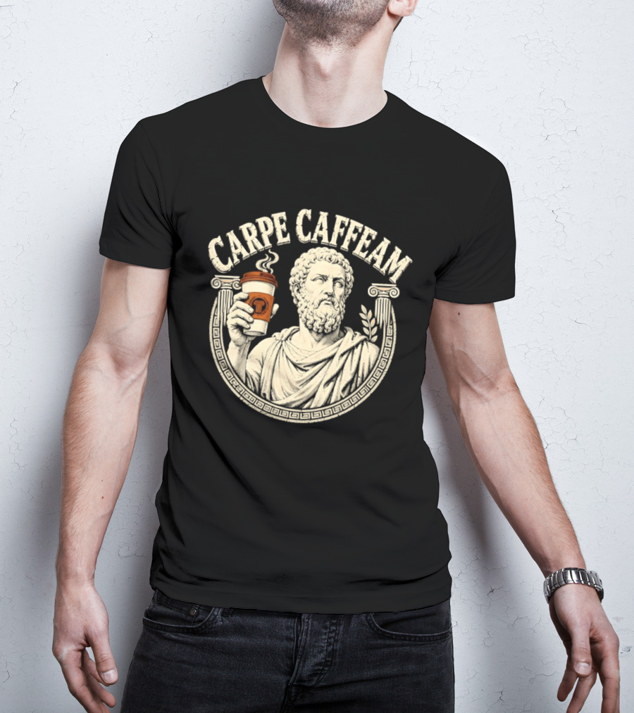 Carpe Caffeam Ancient Philosopher Coffee Cup Greek Column Statue T-Shirt