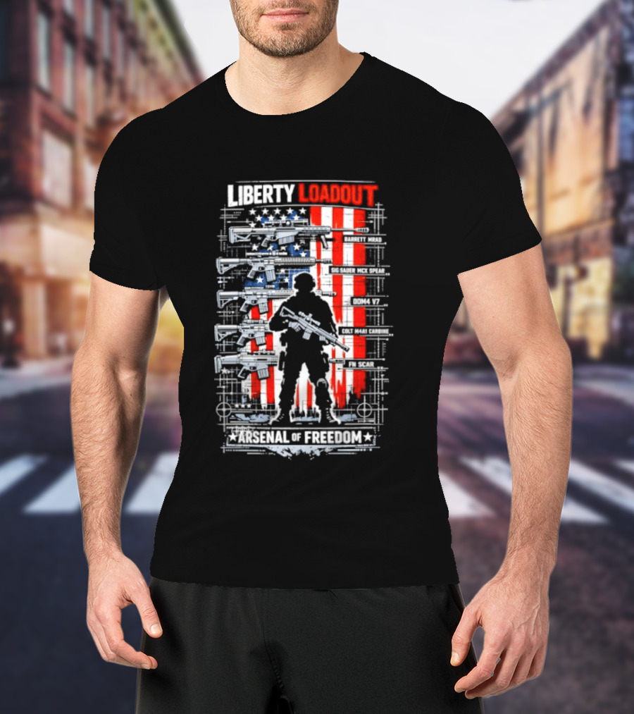 Liberty Loadout Arsenal Of Freedom USA Flag Soldier T-Shirt