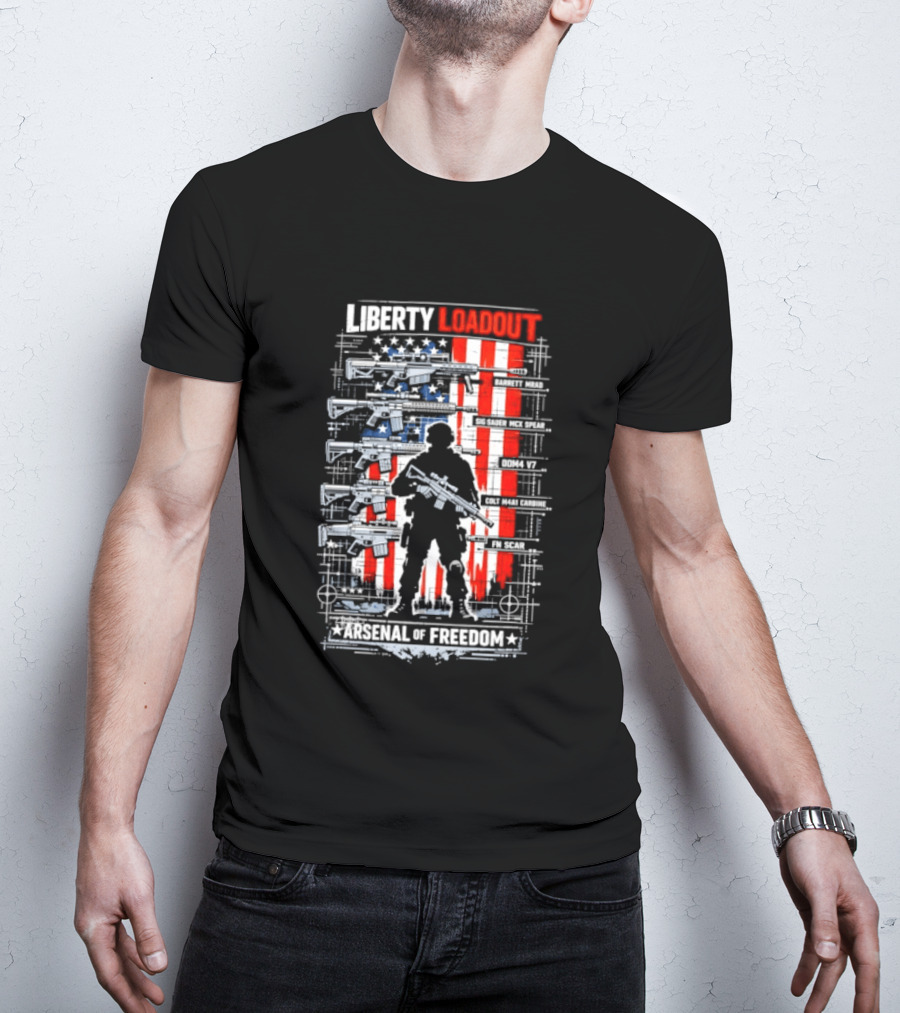 Liberty Loadout Arsenal Of Freedom USA Flag Soldier T-Shirt