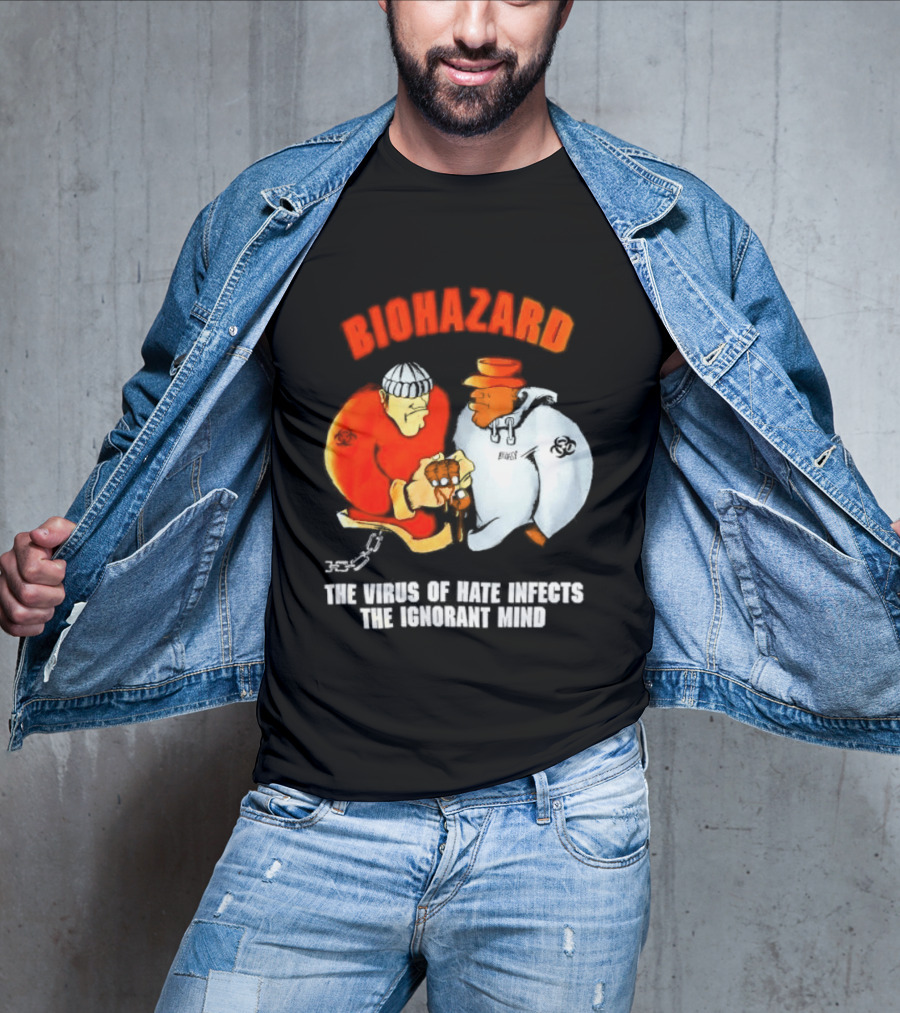 Biohazard The Virus Of Hate Infects The Ignorant Mind Orange And White Figures Confrontation T-Shirt