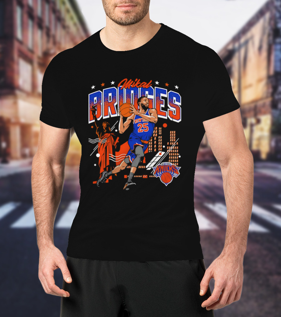 New York Knicks Mikal Bridges Basketball Player 25 Statue Of Liberty Skyline T-Shirt