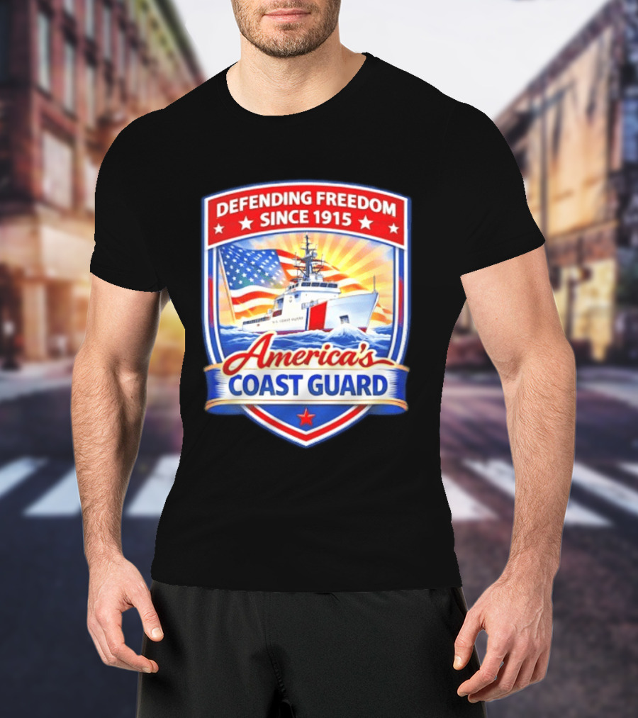 Defending Freedom Since 1915 America's Coast Guard US Flag Ship T-Shirt