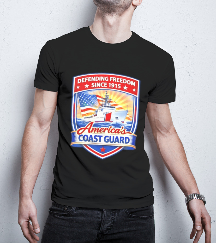 Defending Freedom Since 1915 America's Coast Guard US Flag Ship T-Shirt
