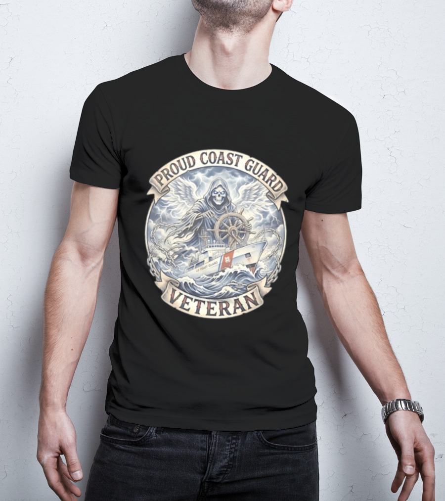 Proud Coast Guard Veteran Grim Reaper With Ship And Wheel T-Shirt