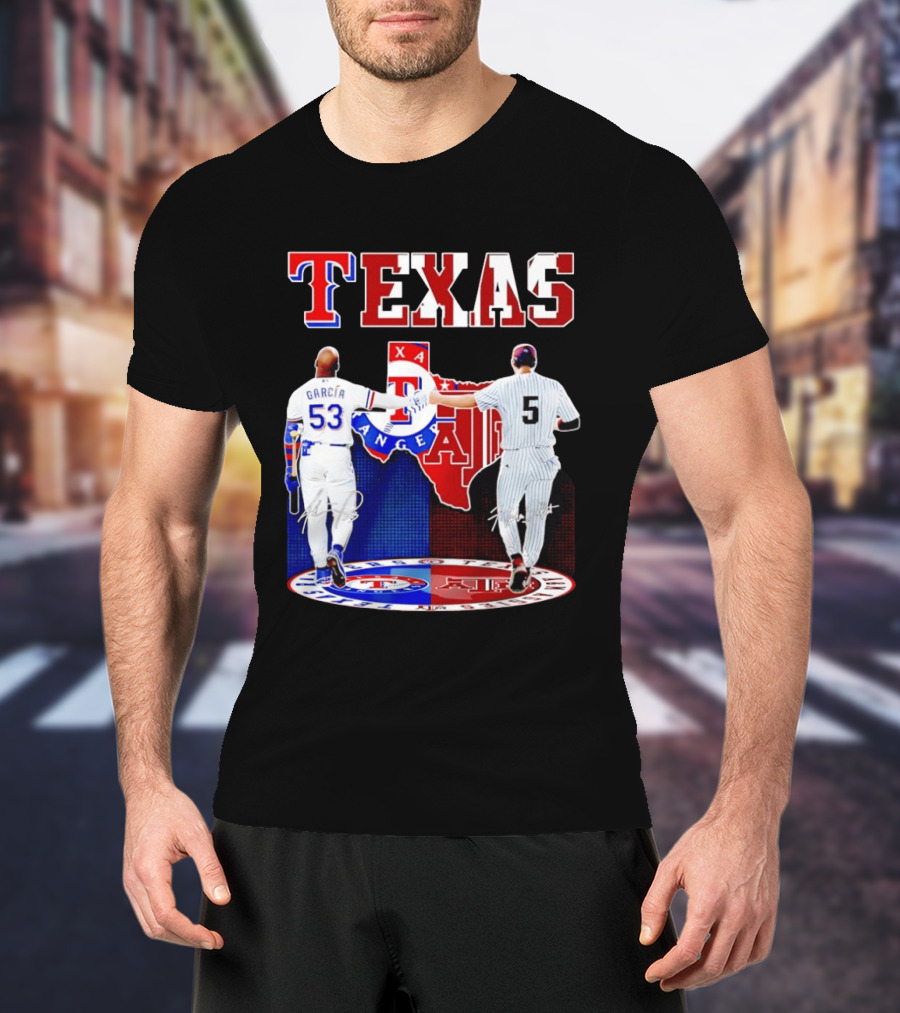 Texas Rangers Adolis Garcia And Texas A&M Aggies Hunter Schott Split Map T-Shirt