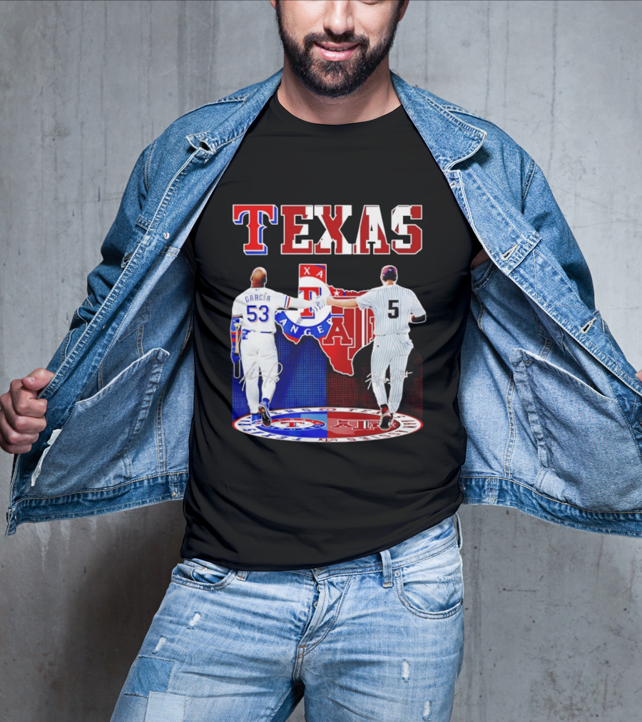Texas Rangers Adolis Garcia And Texas A&M Aggies Hunter Schott Split Map T-Shirt