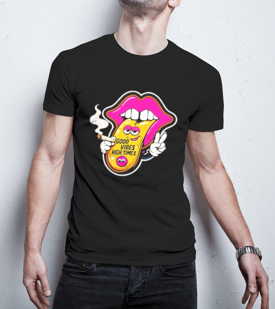 Good Vibes High Times Smoking Tongue And Peace Sign T-Shirt