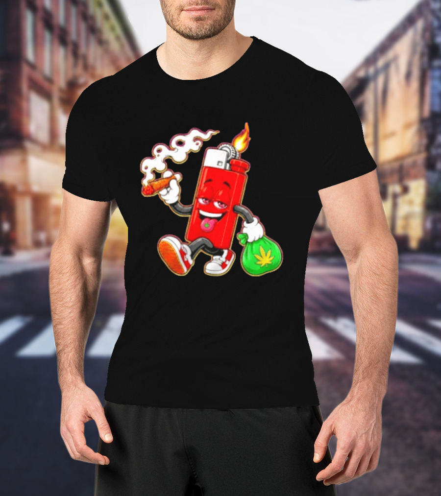 Flame Lighter And Smoking Joint With Cannabis Bag Cartoon T-Shirt
