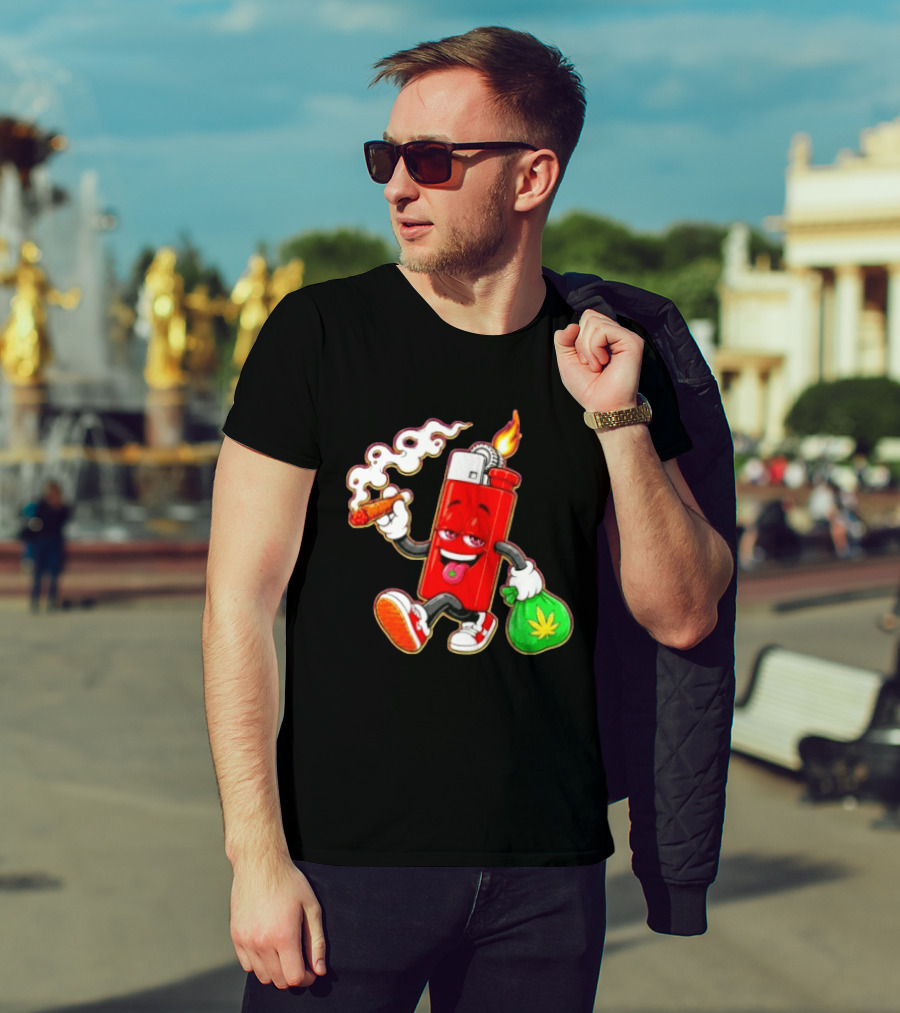 Flame Lighter And Smoking Joint With Cannabis Bag Cartoon T-Shirt