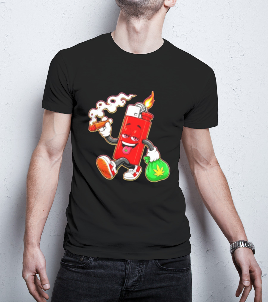 Flame Lighter And Smoking Joint With Cannabis Bag Cartoon T-Shirt
