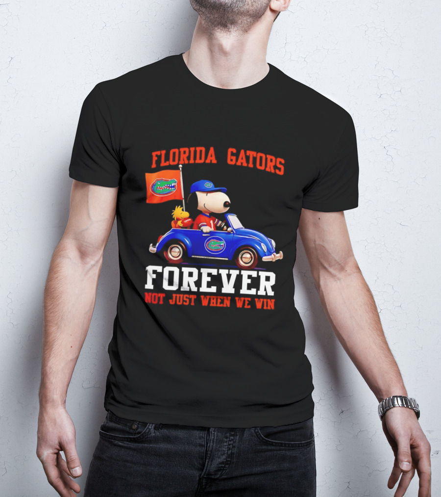 Peanuts Snoopy Woodstock In Blue Car Florida Gators Forever Not Just When We Win T-Shirt