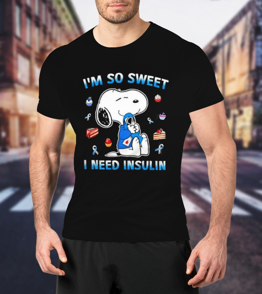 I'm So Sweet I Need Insulin Snoopy Peanuts Diabetes Awareness Blue Ribbon Cupcakes 2026 T-Shirt