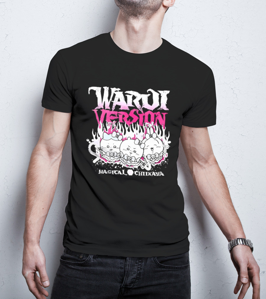 Warui Version Magical Chiikawa Characters In Fiery Pink And White T-Shirt