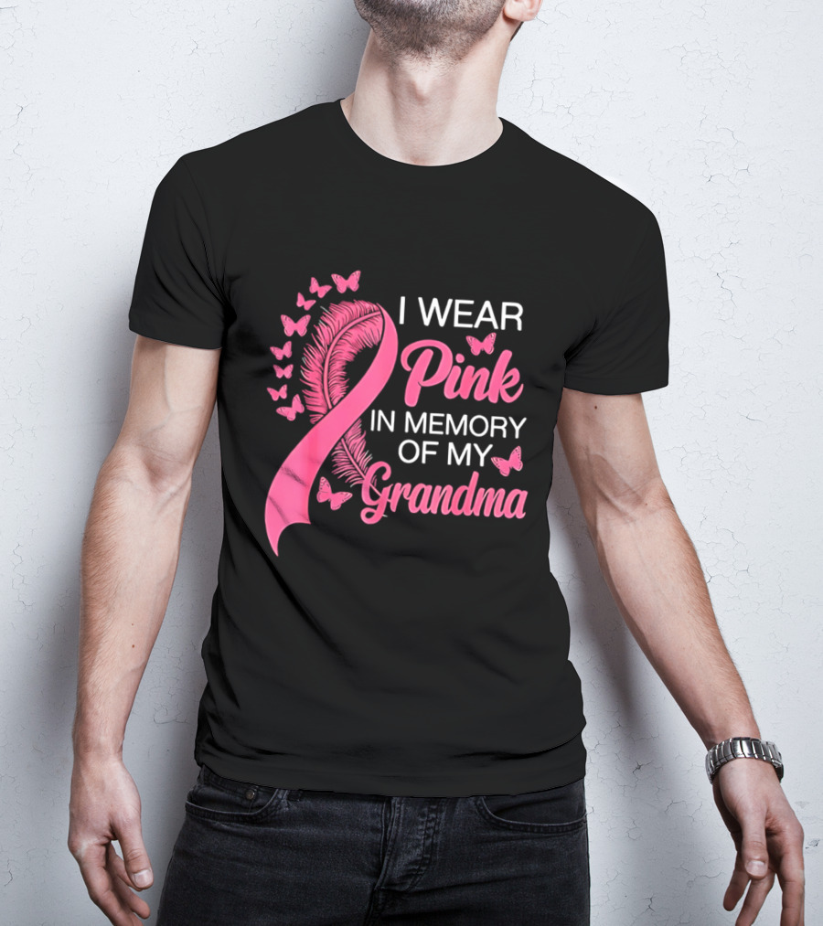 Breast Cancer Awareness I Wear Pink In Memory Of My Grandma Pink Ribbon With Butterflies T-Shirt