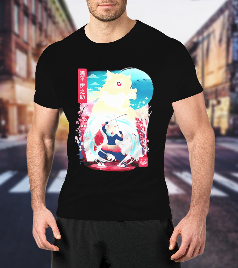 Inosuke Hashibira Boar Head Demon Slayer Anime Cherry Blossom Scene T-Shirt