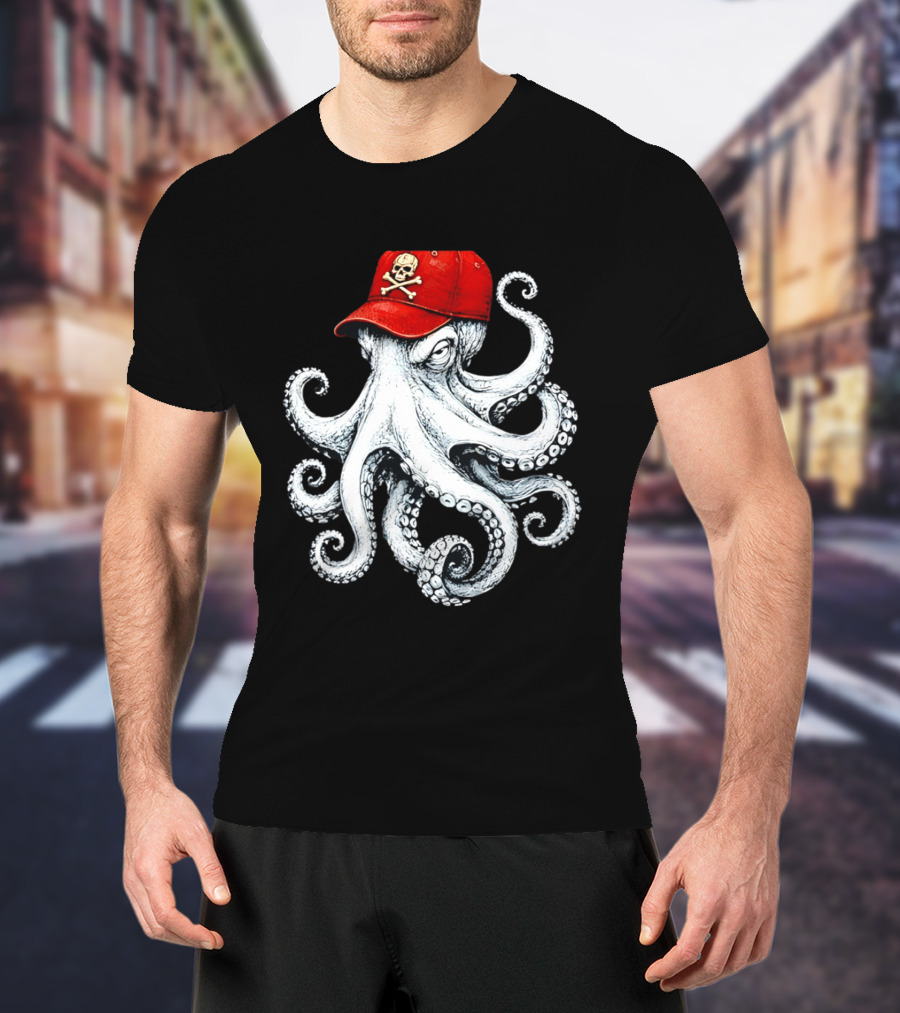 Octopus In Red Cap With Skull And Crossbones T-Shirt