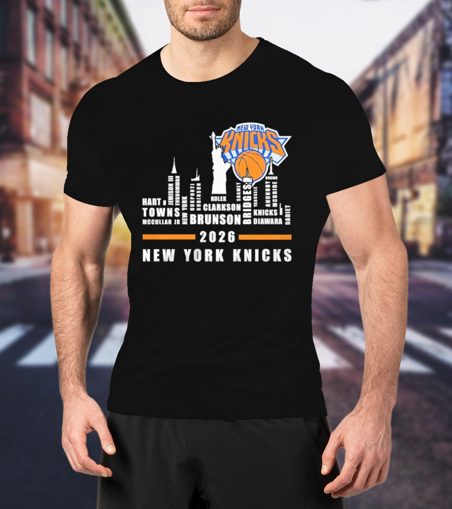 New York Knicks 2026 Jalen Brunson Mikal Bridges NBA Manhattan Skyline T-Shirt