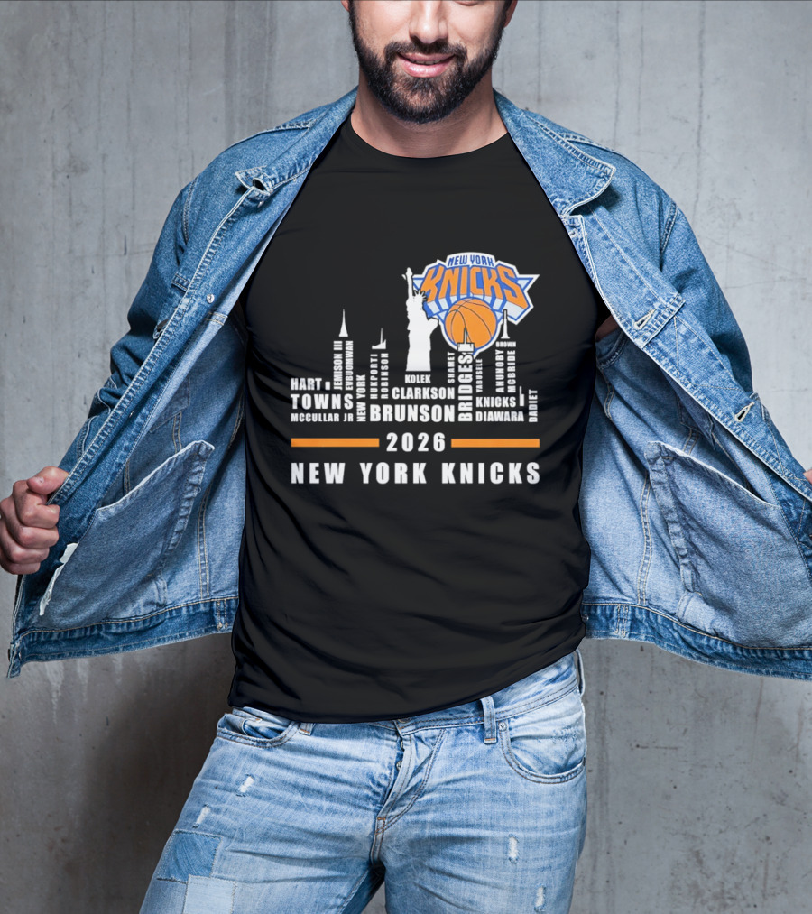 New York Knicks 2026 Jalen Brunson Mikal Bridges NBA Manhattan Skyline T-Shirt