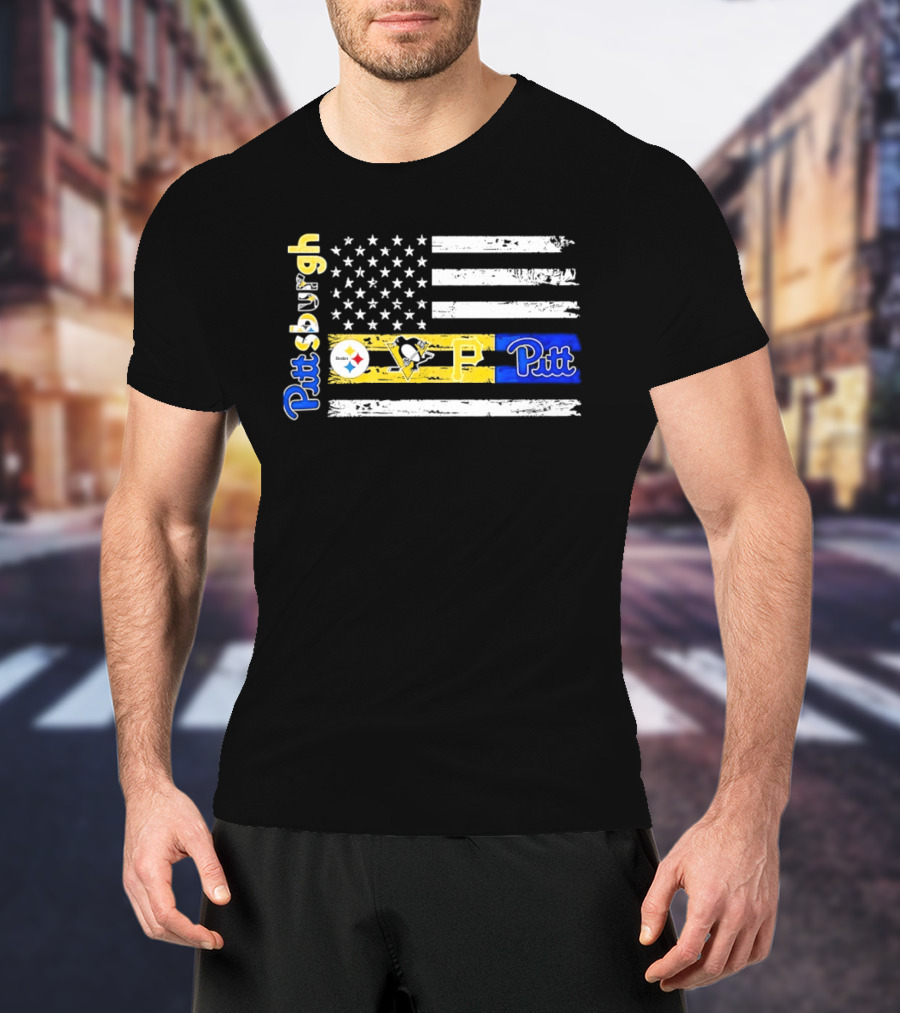 Pittsburgh Steelers Penguins Pirates Pitt American Flag T-Shirt
