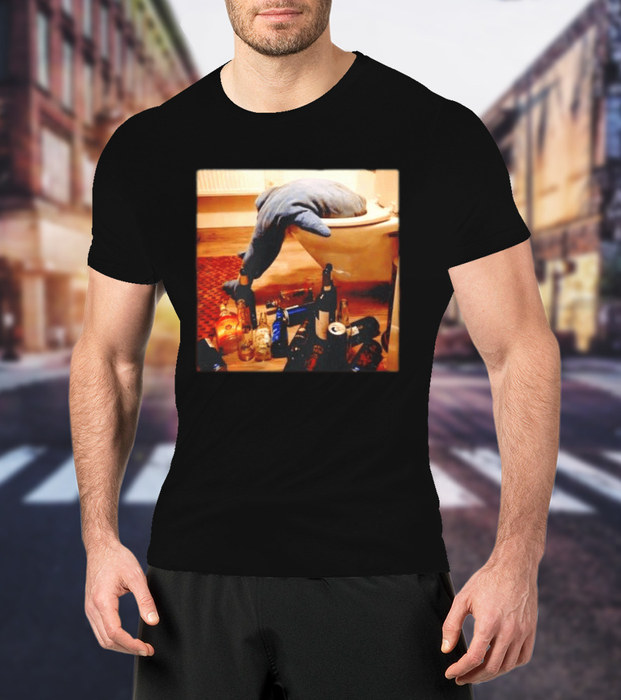 Shark Over Toilet With Alcohol Bottles Party Aftermath T-Shirt