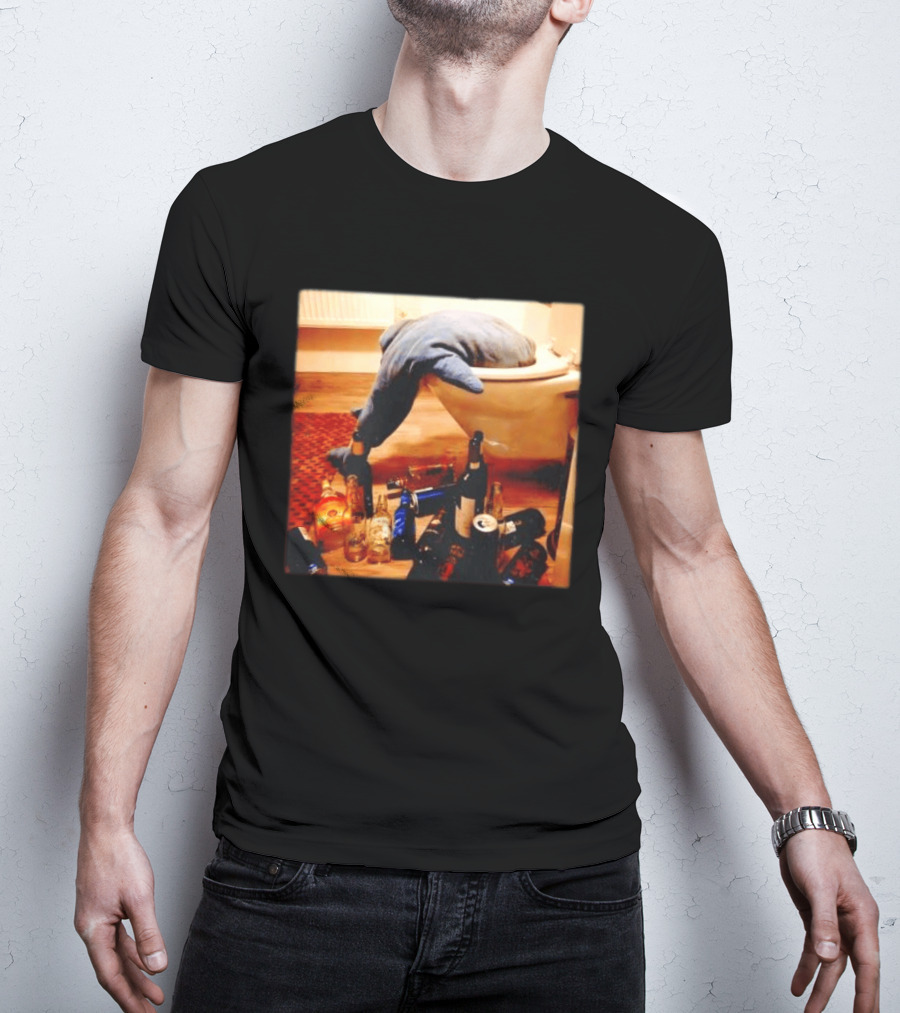 Shark Over Toilet With Alcohol Bottles Party Aftermath T-Shirt