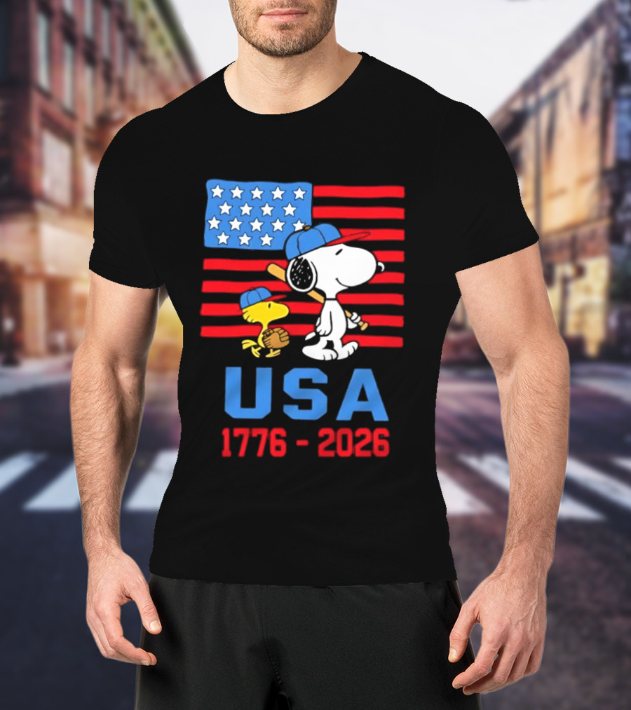 Snoopy Woodstock Peanuts USA Baseball American Flag 1776 2026 T-Shirt
