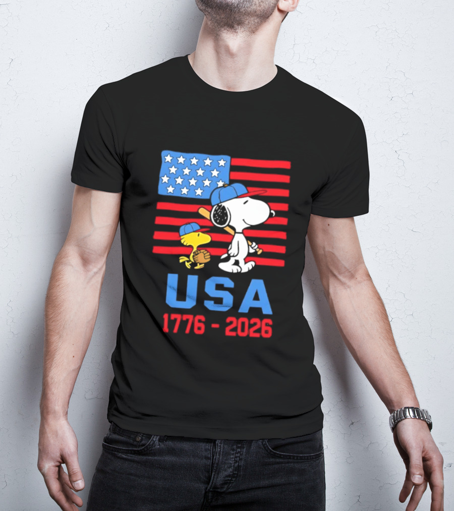 Snoopy Woodstock Peanuts USA Baseball American Flag 1776 2026 T-Shirt