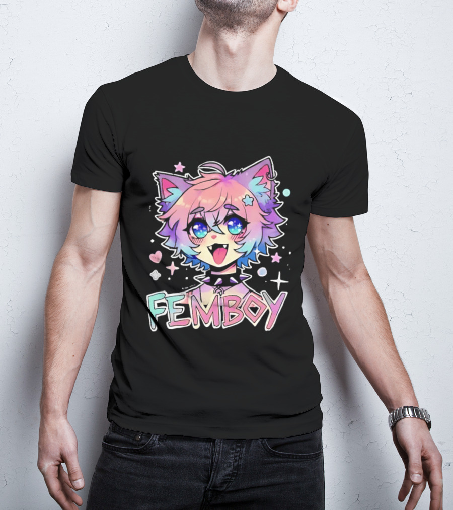 Femboy Catboy Nekomimi Anime Kawaii Pastel Sparkling Spiked Collar T-Shirt
