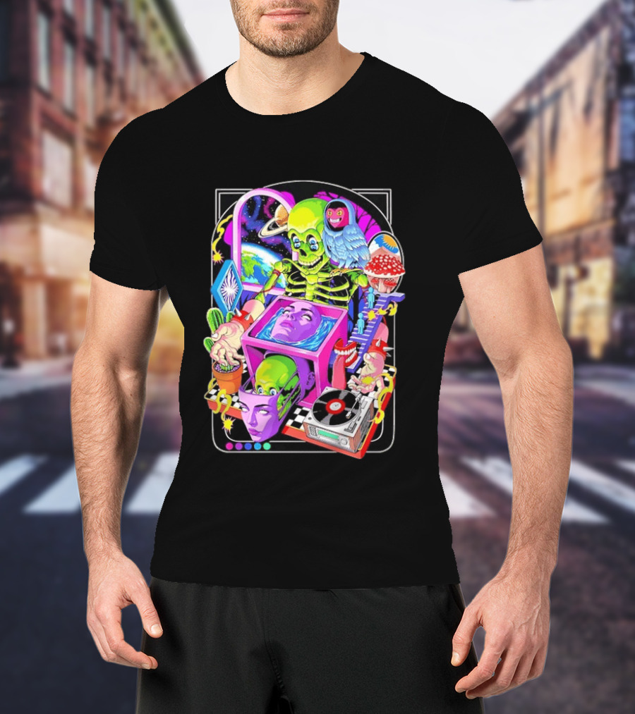 Green Skeleton Psychedelic Owl Surreal Heads Space Earth Trippy Mushrooms Record Player Adventure T-Shirt