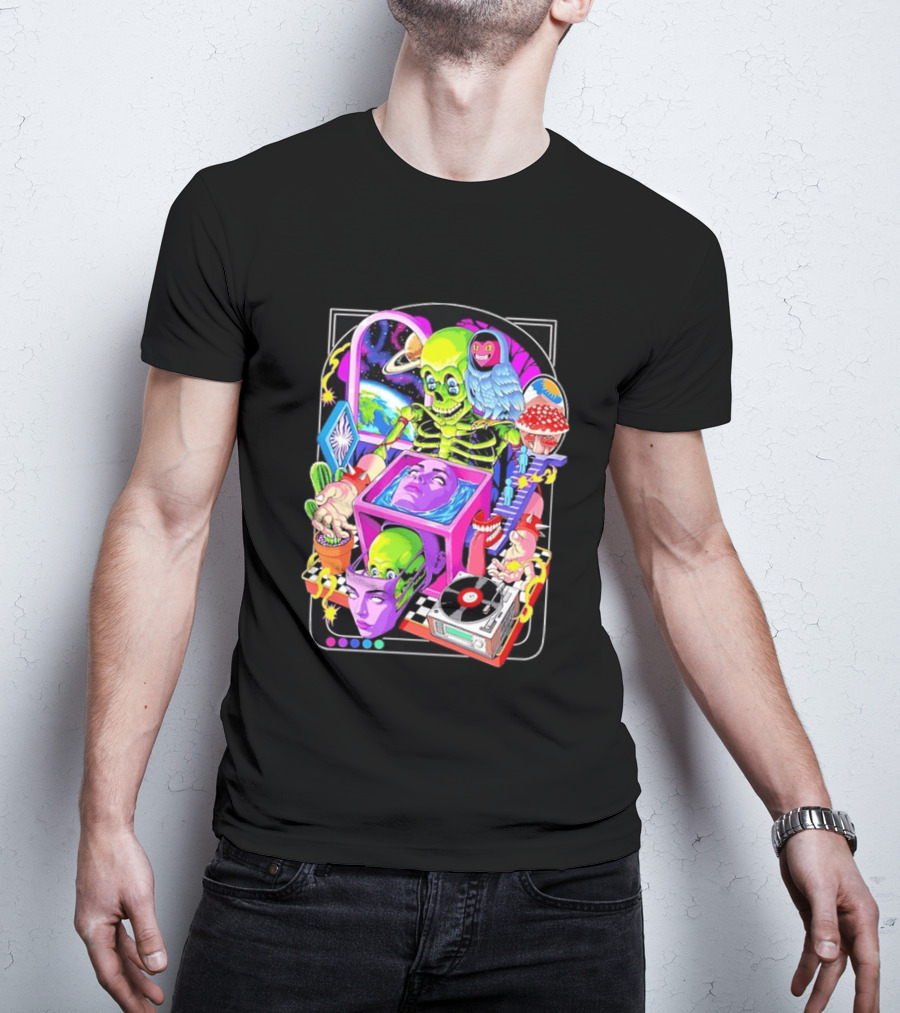 Green Skeleton Psychedelic Owl Surreal Heads Space Earth Trippy Mushrooms Record Player Adventure T-Shirt