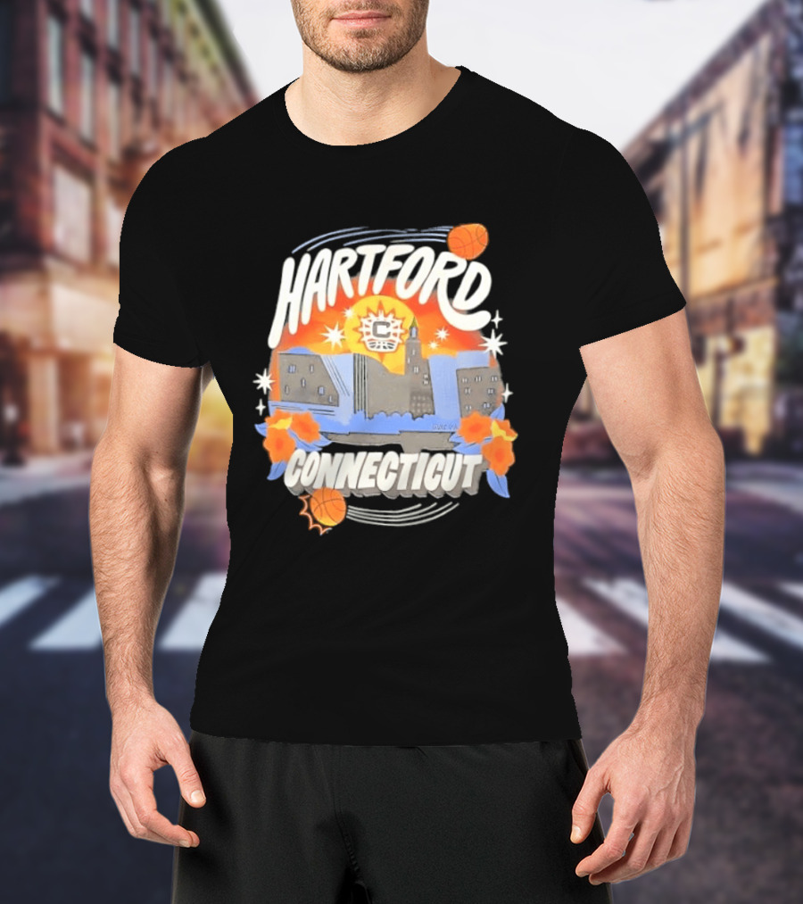 Hartford Connecticut Sun Basketball Skyline With Flowers And Basketballs T-Shirt