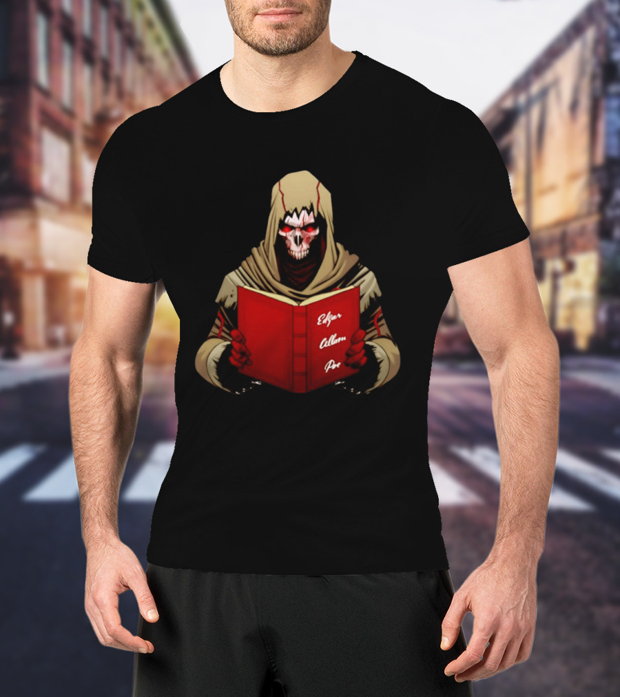 Grim Reaper Hooded Skeleton With Red Eyes Holding Edgar Allan Poe Book T-Shirt