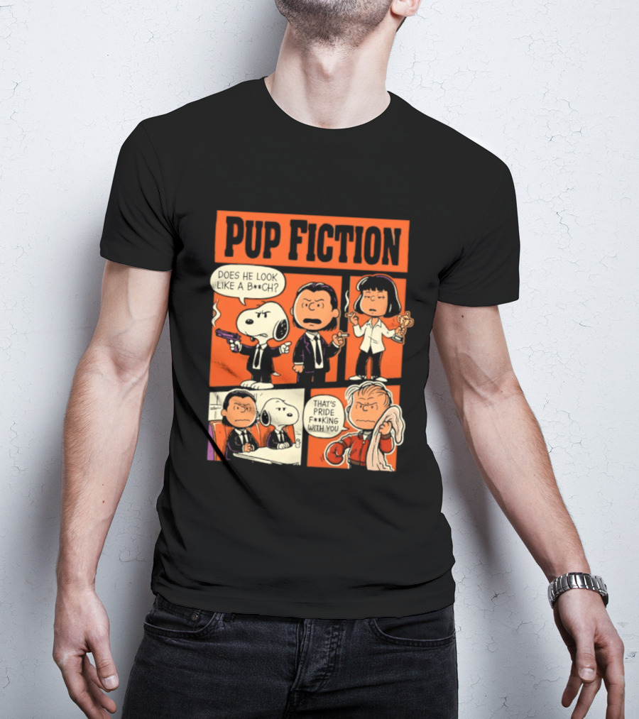 Peanuts Pup Fiction Does He Look Like A Bitch Snopy And Franklin Vincent Jules Mia T-Shirt