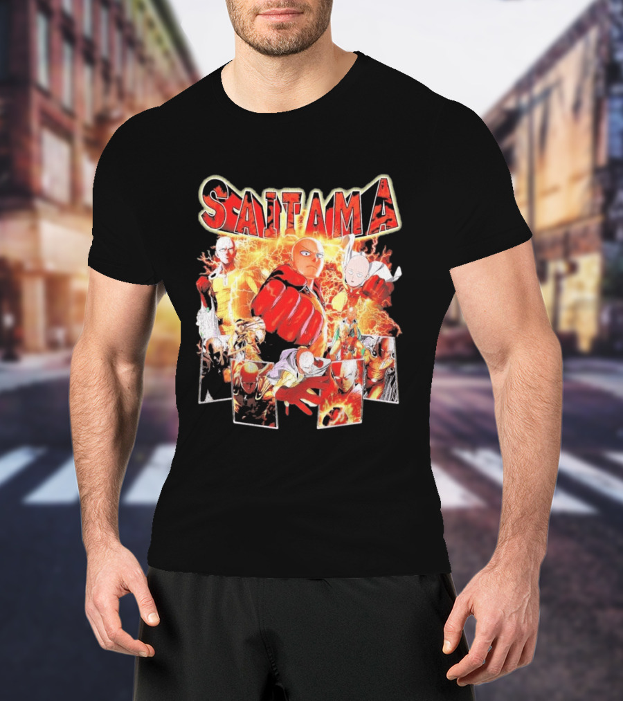 Saitama Hero Manga Character Collage With Lightning Fist T-Shirt