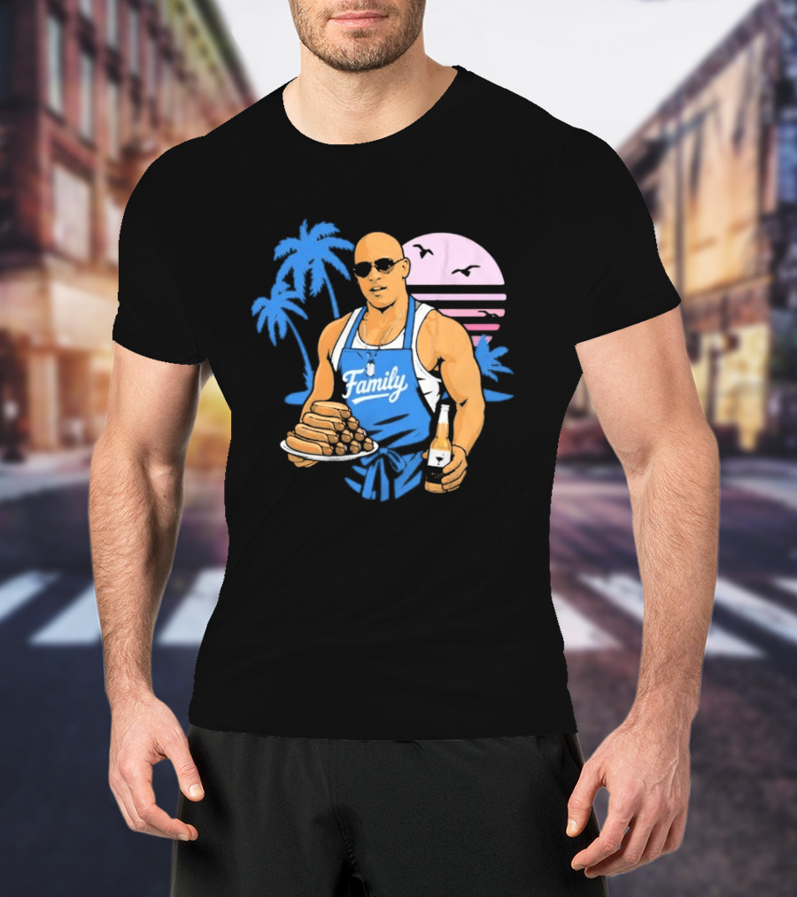 KCCO Family BBQ With Hot Dogs Palm Trees Sunset Birds T-Shirt
